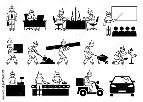 Robot humanoid industrial cyborg worker working in different industries. Vector illustrations of robot businessman, teacher, industrial worker, cashier, factory worker, transport driver, and rider.
