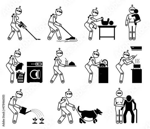 Robot humanoid robotic house helper maid housework caretaker cyborg working chores. Vector illustrations of robot human cleaning, babysit, cooking, washing, taking care of baby, elderly, and pet dog.