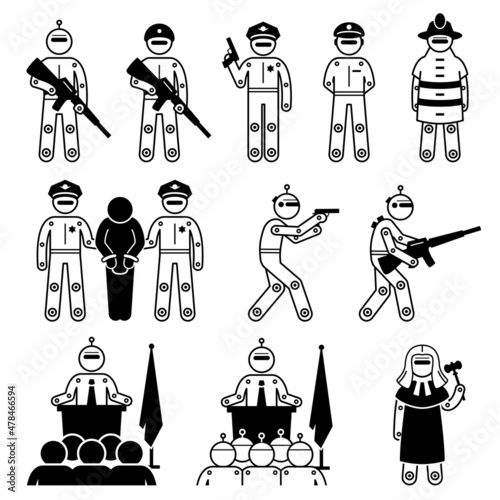 Robot humanoid soldier, police, government, judge and authority. Vector illustrations of robot enforcer, cyborg police and army with gun, and artificial intelligence president and leader.