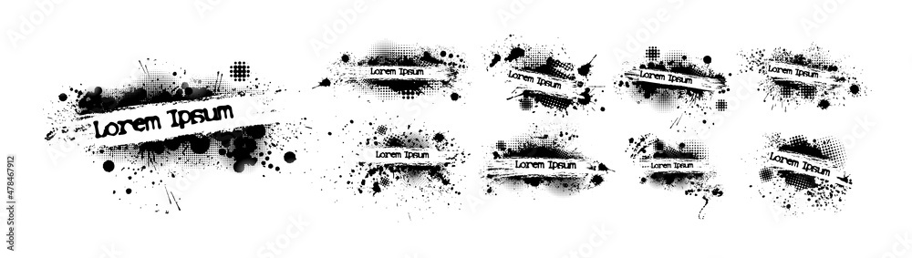 Set of grunge elements from blots. Paint stains black blotch background. Grunge Design Element. Brush Strokes. Frame for text. Vector illustration
