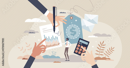 Pricing strategy and business cost recalculation plan tiny person concept. Financial research and new retail prices for competitive profit vector illustration. Accounting management and value control.