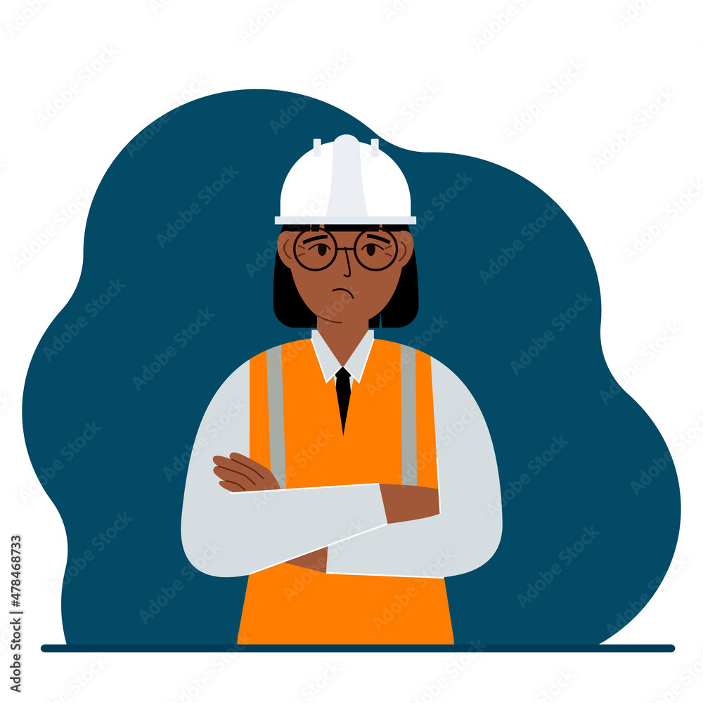 Sad woman construction worker in a white helmet and an orange vest. Engineer. Vector