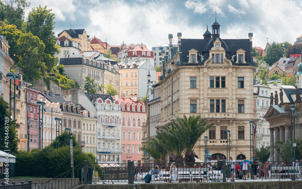 Travel to Karlovy Vary from Czech Republic, 2021. View to the beautiful landmarks architecture old buildings of this city in a beautiful sunny day. 