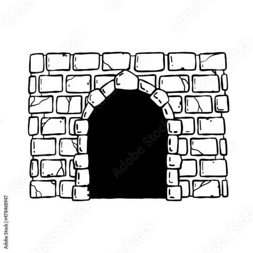 Door of castle. Entrance to fairy tale fortress or stone medieval old wall. Wooden open doorway. Cartoon hand drawn black and white illustration