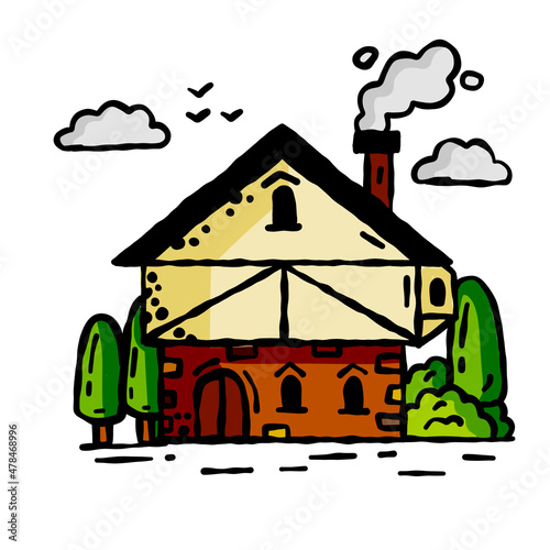 Medieval house. Village building with tree. Old house with chimney. Cartoon retro illustration.