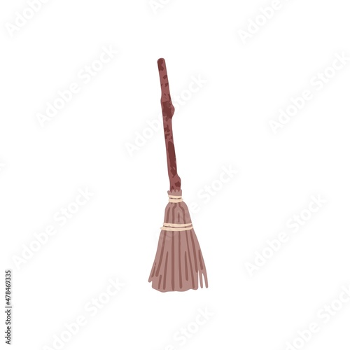 Magic broom stick for witch. Old wooden broomstick for wizards. Halloween besom from wood twigs. Vintage floor sweeper. Flat vector illustration isolated on white background
