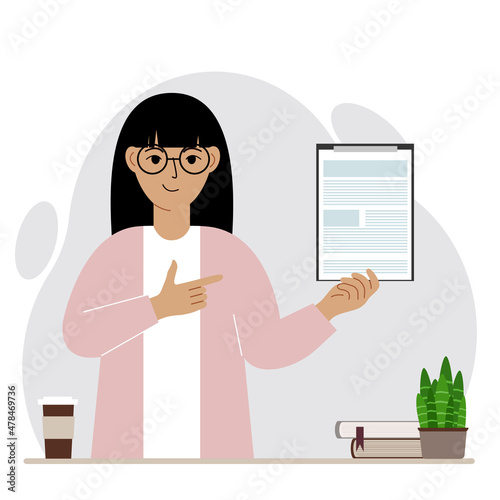 Contented woman holding a clipboard with a document and points his finger at it. Vector