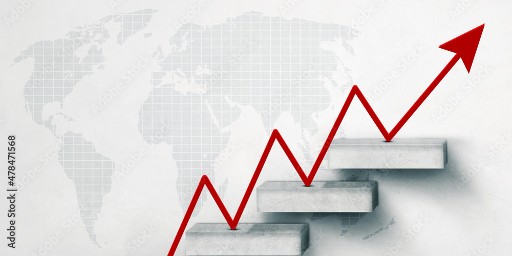 Red upward arrow on the stairs with world map Red upward arrow on the stairs with world map