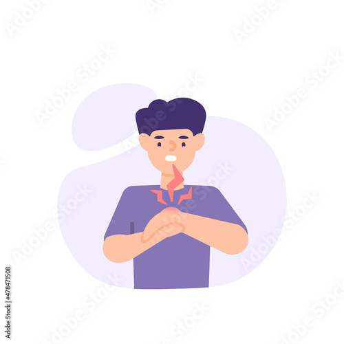 illustration of a person holding his left wrist due to swelling and pain. sprains, joint pain, fractures, swollen hands. body problems. flat cartoon style. vector design