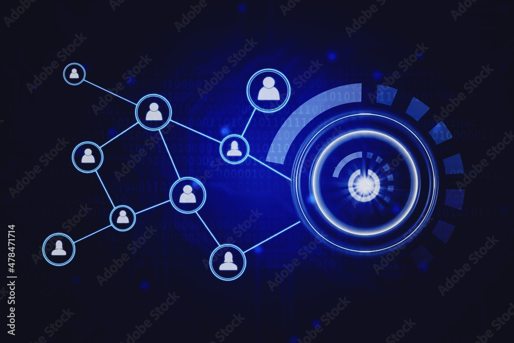 Start button with social network line in cyberspace Start button with social network line in cyberspace