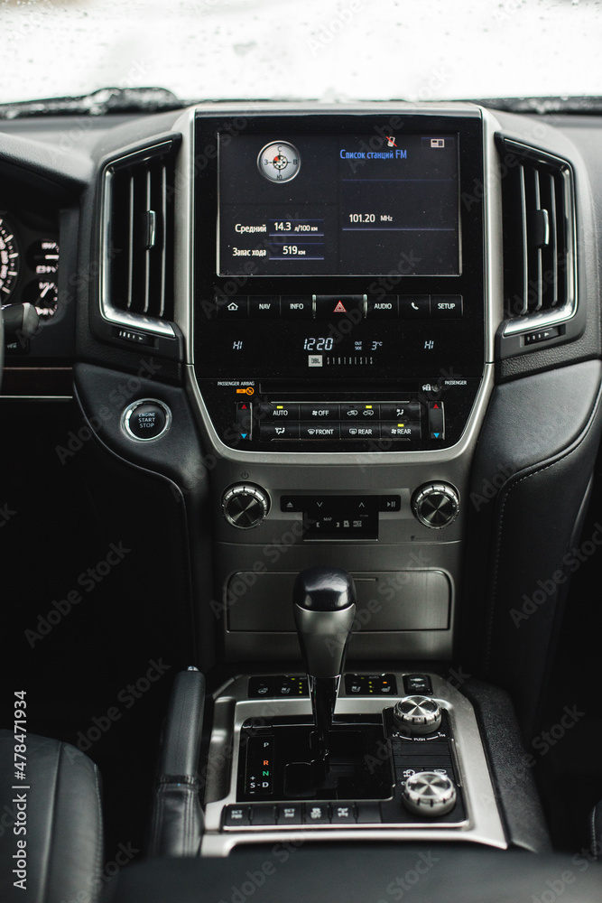Modern car dashboard. Screen multimedia system. Interior detail. Modern car dashboard. Screen multimedia system. Interior detail.