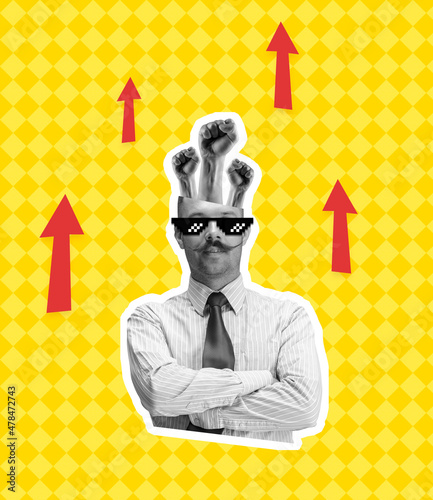 Modern design, contemporary art collage. Inspiration, idea, trendy urban magazine style. Surrealism. Serious man on yellow background photo