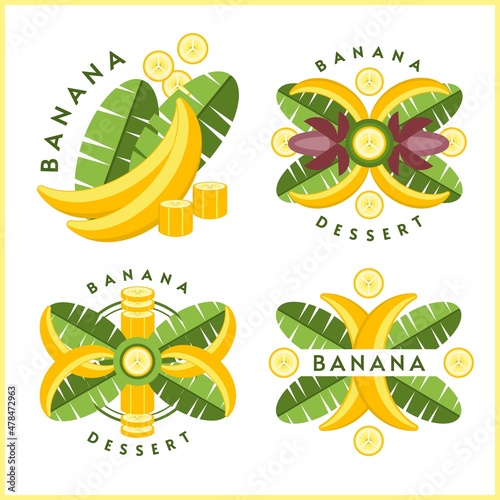 Set of logos, emblems, badges with yellow bananas, banana leaves, flowers, slices. Good for decoration of food packaging, groceries, agriculture stores, advertising. Flat style