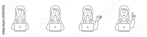手描き風・パソコンを操作する女性のベクターイラスト