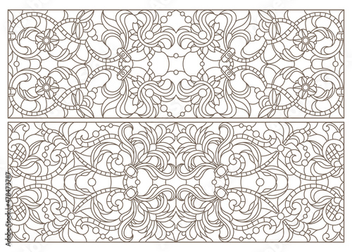 Set contour illustrations of stained glass with abstract swirls and flowers ,rectangular images