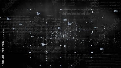 4k abstract dark digital grid data communication technology background footage. Data grid, math formulas and various business icons overlay