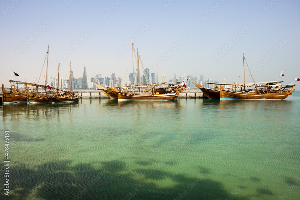 The traditional dhows on Doha Corniche, Qatar The traditional dhows on Doha Corniche, Qatar