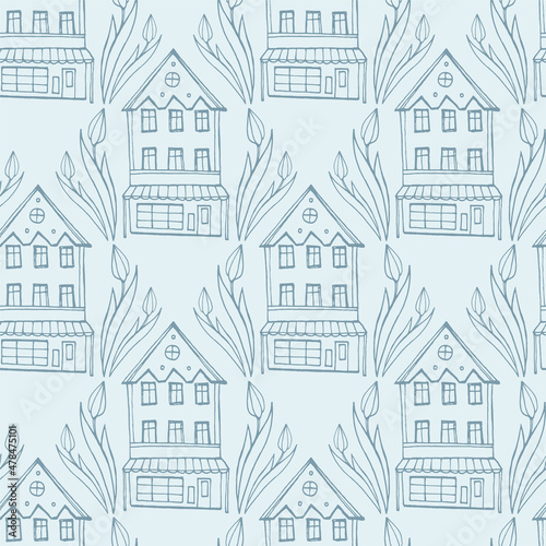 Seamless pattern with Galand blue houses. Stock illustration.