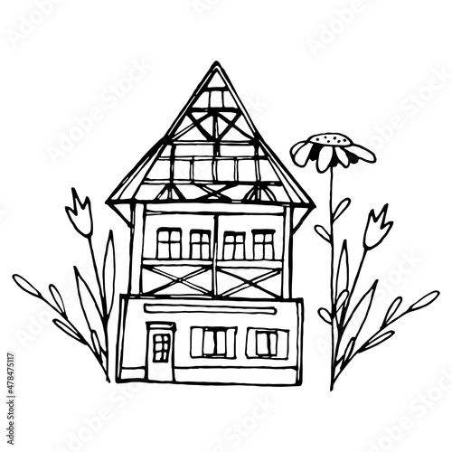 A sketch of a cute old house with a huge flower.