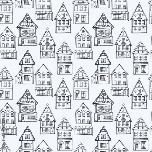 Seamless pattern with old houses. Stock illustration.