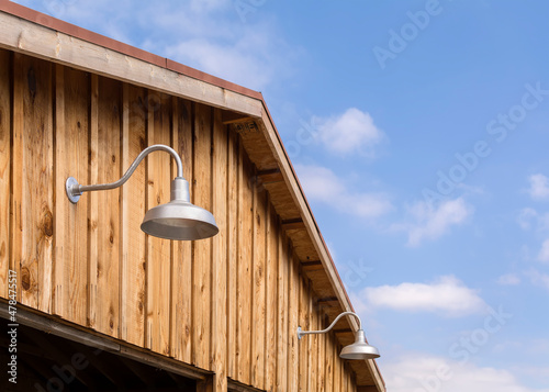 Gooseneck lights on wood barn wall photo