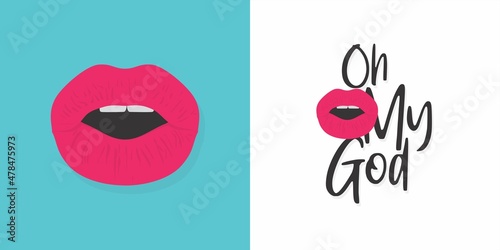 Creative Template Design of Oh My God. Conceptual Typography of Oh My God. Editable Illustration of Sexy Red Lips of Woman.