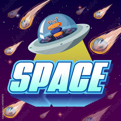 Space poster design with alien in ufo
