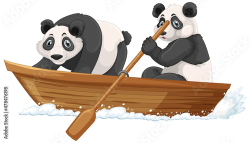 Pandas on wooden boat in cartoon style