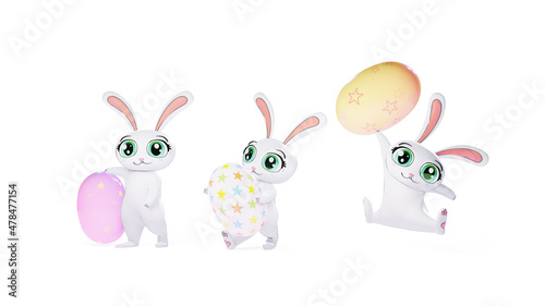 Easter illustration. Bunnies with eggs. Stylized 3D image.