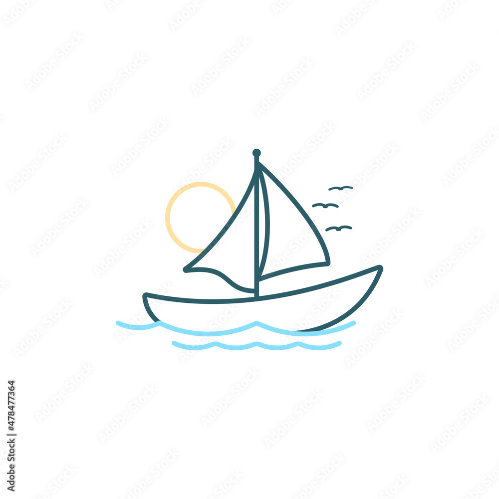 Simple Sailboat dhow ship line art logo design template with sun, wave and bird icon