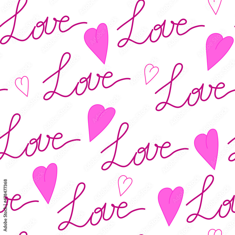 Seamless vector pattern. Lettering Love, hearts on a white background. Pattern in shades of pink. Valentine's Day. Wedding. Package. Wallpaper.