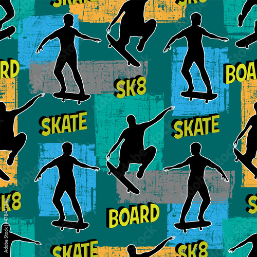 urban pattern for guys. skateboarder on multicolored grunge rectangles and text