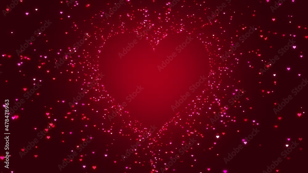 valentines day and love animation,shiny and glitter hearts,glowing particles,valentine and marriage concept,dark red gradient background 