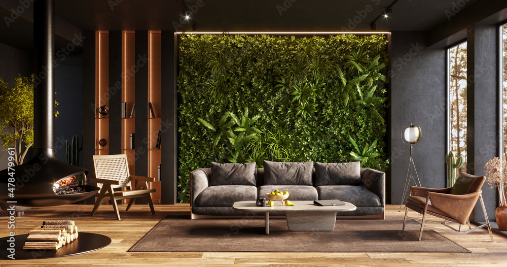 Obraz premium Vertical Green Wall in modern living room interior, 3d render 