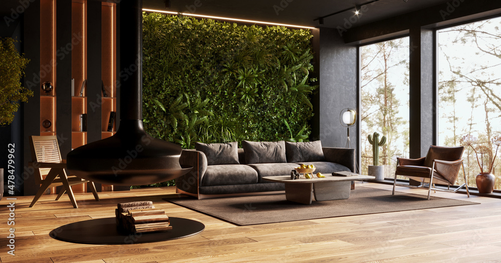 Vertical Green Wall in modern living room interior, 3d render  - obrazy, fototapety, plakaty 