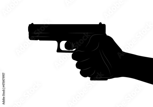 Hand holds gun isolated on white. Holding gun and shooting vector.