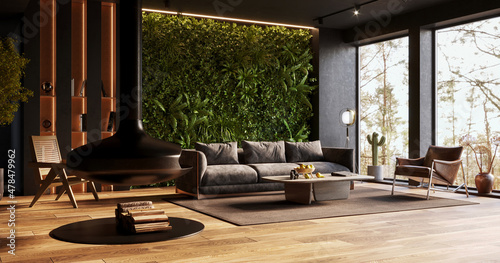 Canvas-taulu Vertical Green Wall in modern living room interior, 3d render