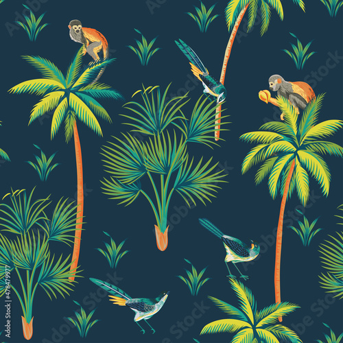 Photography Tropical vintage bird, monkey, palm trees floral seamless pattern blue background