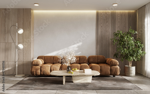 Stylish living room interior with design furnitre and elegant accessories, 3d render photo