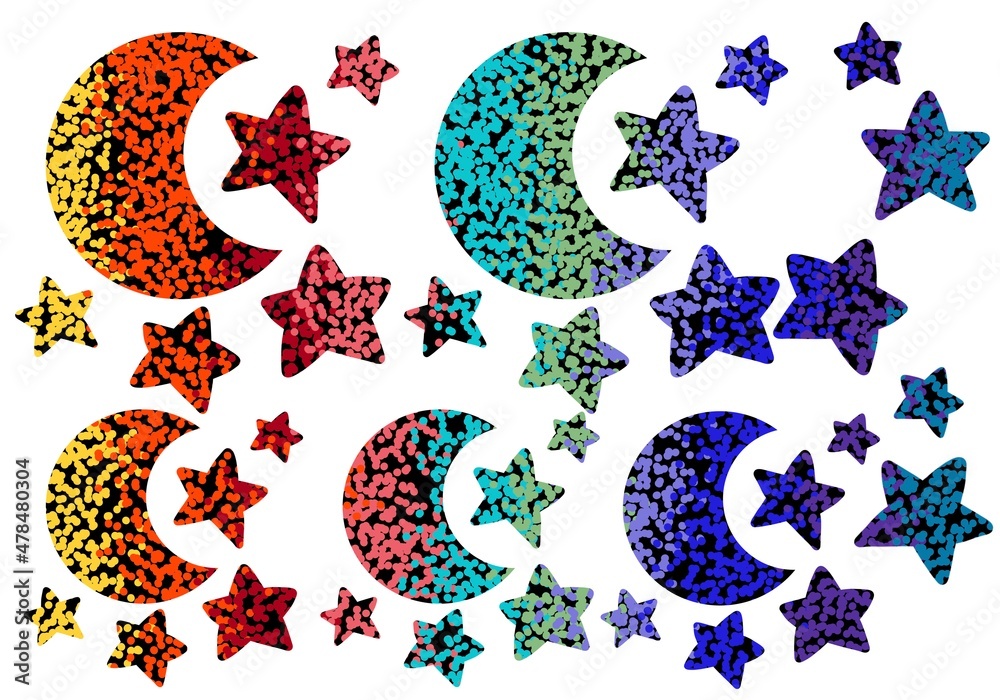Set with coloured stars and moon for stickers and posters and cards and magazines and kids