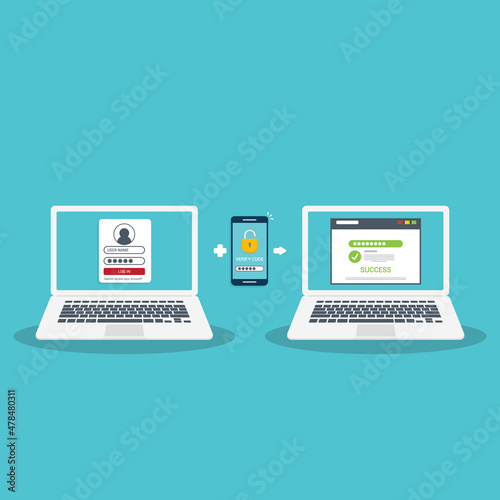 Two factor authentication password secure notice login verification or sms with push code message icon in smartphone phone and laptop computer. Vector illustration