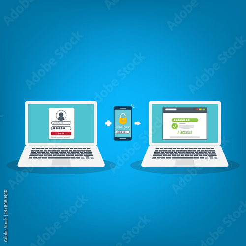Two factor authentication password secure notice login verification or sms with push code message icon in smartphone phone and laptop computer. Vector illustration