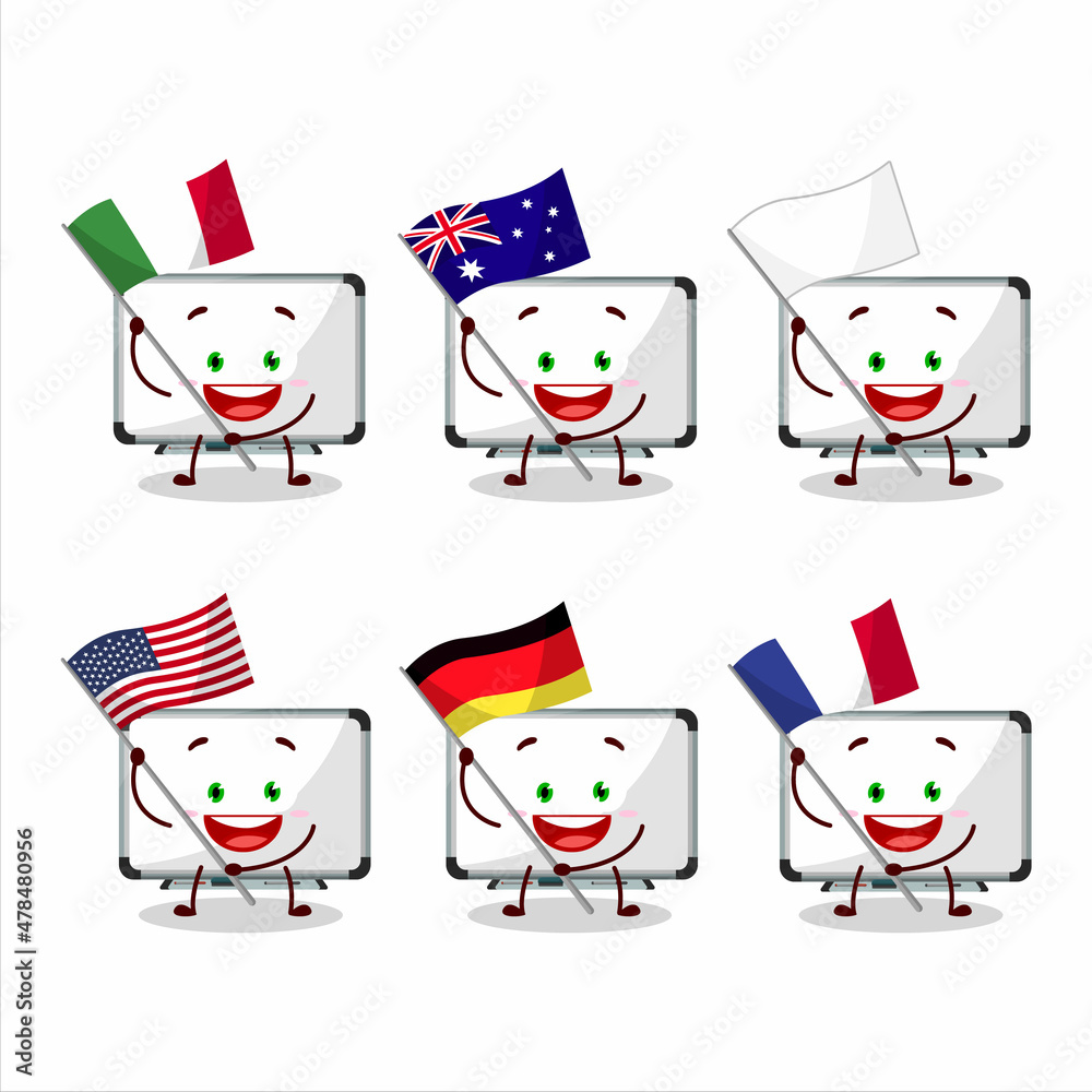 White board cartoon character bring the flags of various countries White board cartoon character bring the flags of various countries