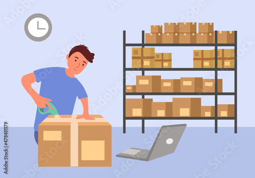 A man packing order for shipping to customer. Making money by online business concept vector illustration. Drop ship company. Startup owner.