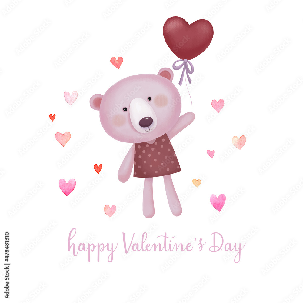 Valentines Day card with cute bear holding red heart shaped balloon.