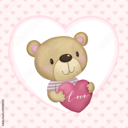 Valentines Day card with cute teddy bear hugging pink heart shaped pillow on heart pattern.