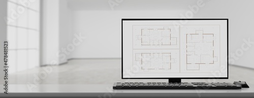 Architect engineer office. Building project blueprint plan on a computer screen. 3d illustration