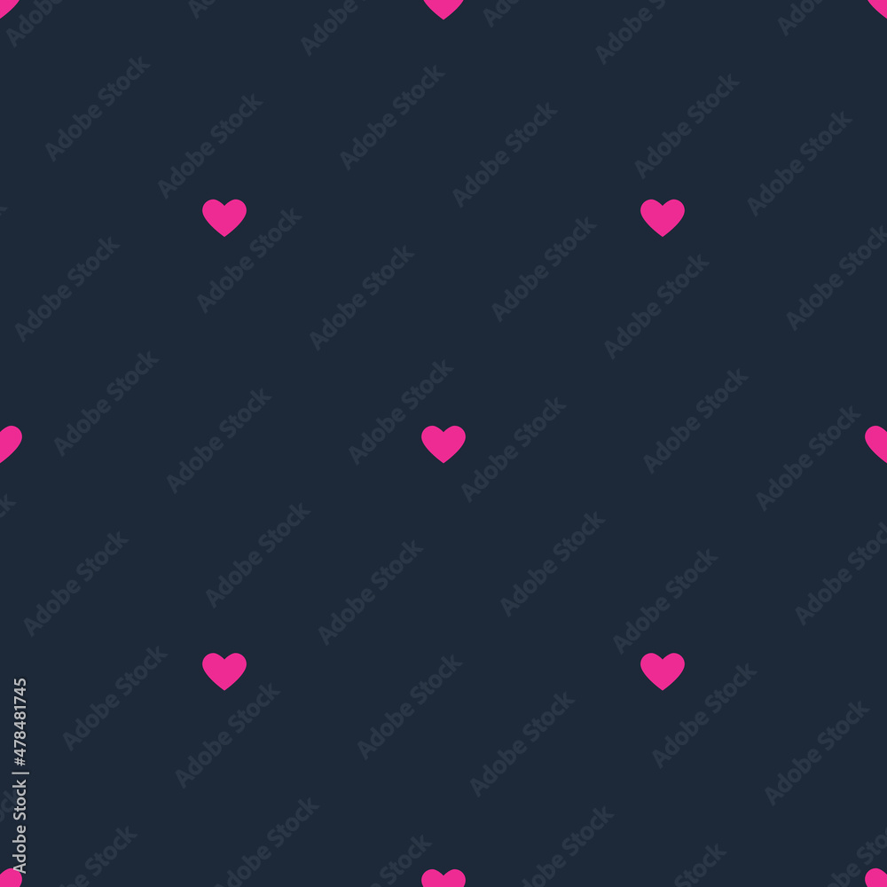 Neon lights seamless pattern on a blue background. Colorful pink hearts. Ideal for printing, fabric, wrapping paper, postcards, packaging, graphics. Birthday, Valentine's Day. Vector design.