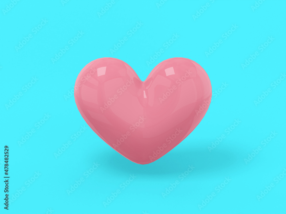 Stylized pink mono color heart on a blue solid background. Minimalistic design object. 3d rendering icon ui ux interface element.