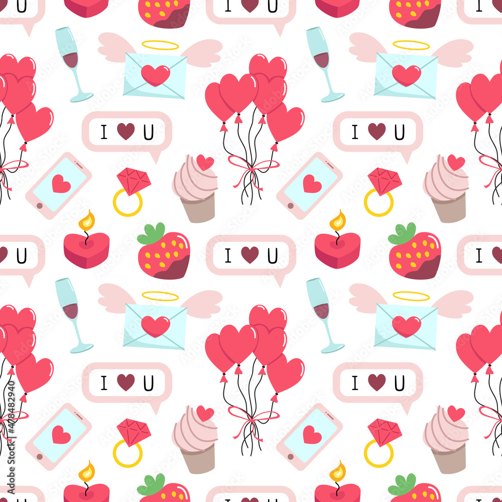 Valentine's day seamless pattern. Romantic background. Cute cartoon vector doodle illustrations. Valentine's day seamless pattern. Romantic background. Cute cartoon vector doodle illustrations.